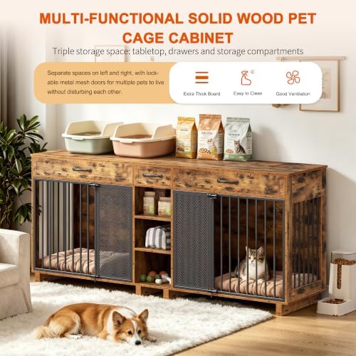 Double Dog Crate Furniture TV Stand, Wooden Dog Cage for Medium Large Dogs, Heavy Duty Single/Double Dog Crates for Small/Medium/Large Dogs,Large Size 78.74" L(35-60 Pounds), Brown