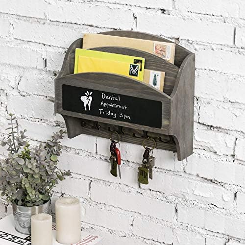 MyGift 2-Compartment Vintage Gray Wood Wall Mounted Entryway Mail Organizer Letter Sorter with Chalkboard Label Surface and 4 Double Key Hooks
