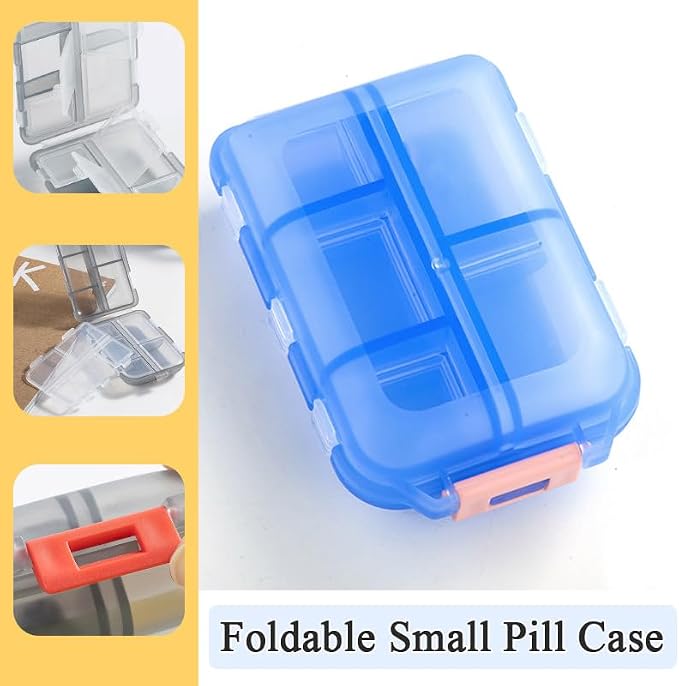 Small Travel Pill Box Organizer, 10 Compartment Pill Case Planner | Portable Folding Daily Medcine Container Capsule Dispenser for Storage Medication, Meds, Vitamin, Fish Oil, Supplement, Blue