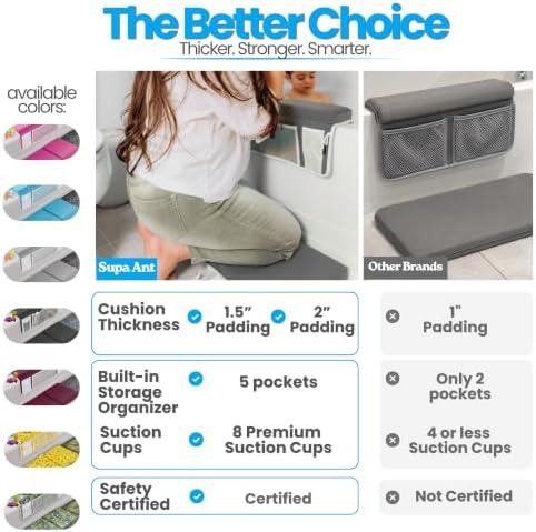 Bath Kneeler –8 Suction Cups & 1.5" Padding.Certified Non Toxic Bath Kneeling Pad for Bath Tub & 5 Bath Toy Organizer. Fast Dry Baby Bath Kneeler and Elbow Rest Pad Set by Supa Ant - Grey
