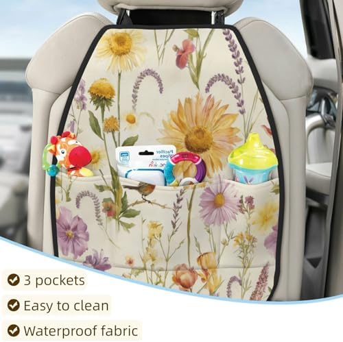 Car Seats Back Protector 2 PCS - Beautiful Flowers | with 3 Storage Pockets, Shield Seats From Dirt, Mud Scratches, Fits Cars SUVs Trucks and Jeeps