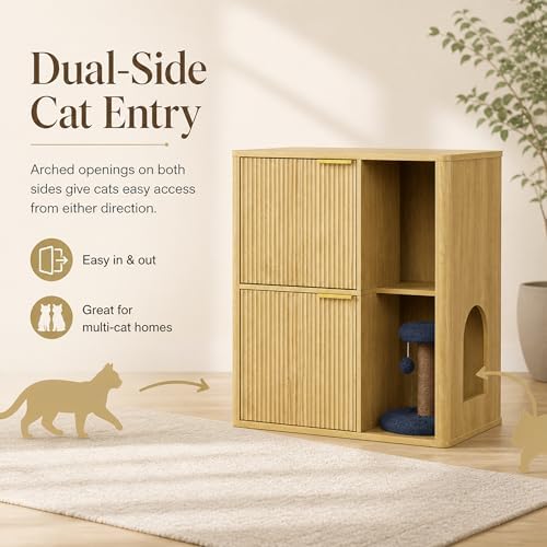 31.5 Inch Cat Litter Box Enclosure with Cat Tree Cabinet, Natural | Hidden Litter Box Furniture with Dual Entry Doors, Storage Shelf, Sisal Scratching Post and Modern Side Table Design