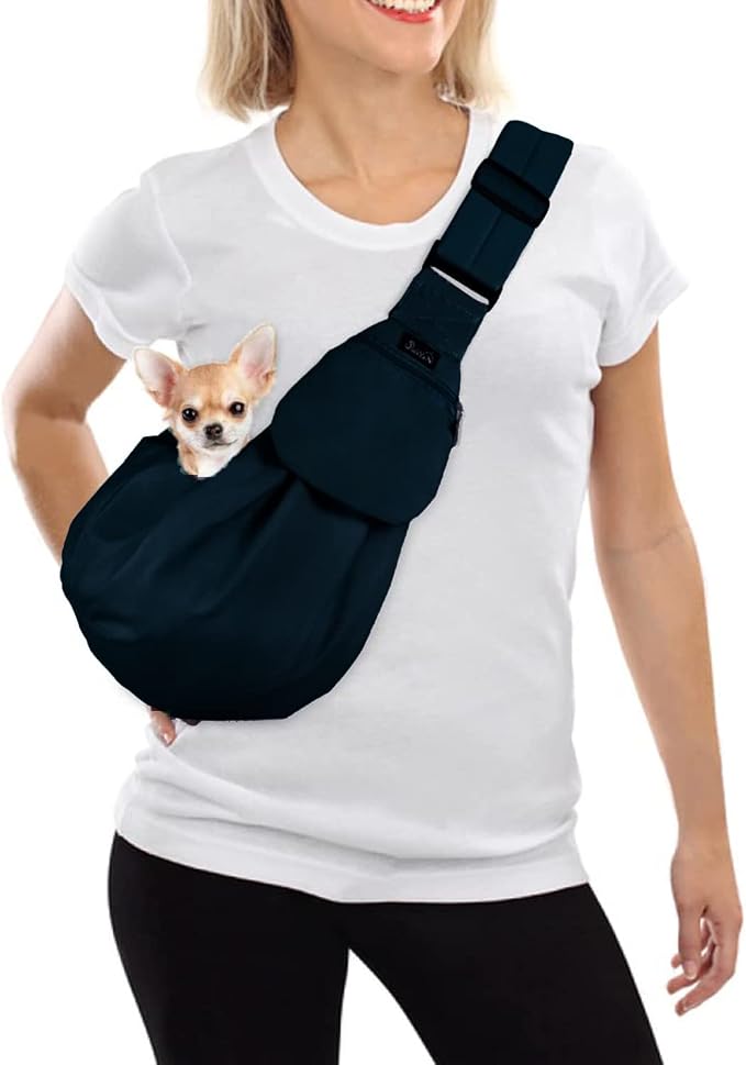 Lukovee Pet Sling, Puppy Small Pet Cat Carrier with Safety Hook | Hands-Free,Padded Strap, Breathable, Adjustable, Storage Pocket, Tote Bag Shoulder Bag with Front Pocket (DBL, S)