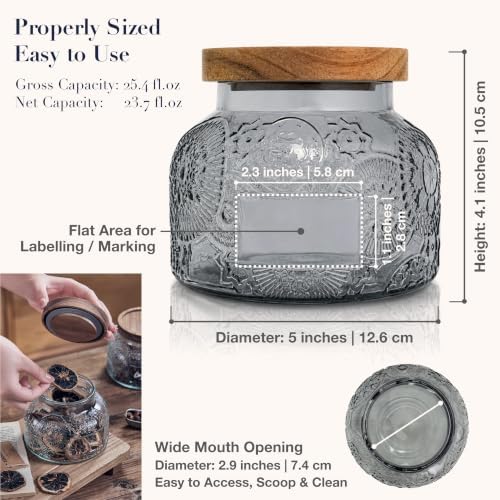 Decorative Grey Embossed Glass Jar with Airtight Wooden Lid, 25.4 fl. oz | Wide mouth vintage storage canister, kitchen pantry bathroom organization, coffee sugar tea cookie candy candle vase gift
