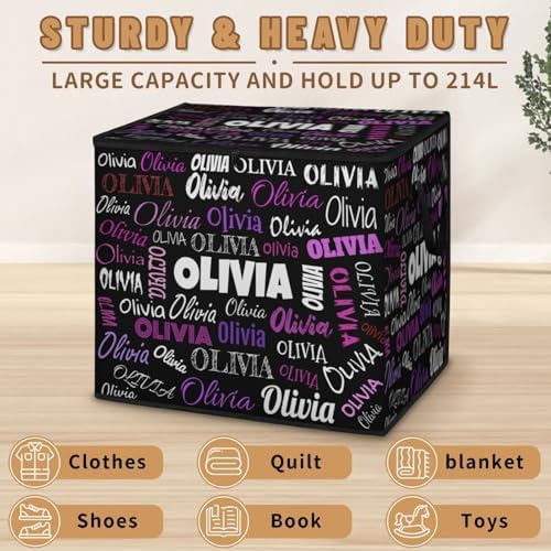 Custom Name Storage Bin with Lid, Personalized XL Storage Basket with Handles Zippers for Organizing Comforters, Blankets, Bedding Closet Shelf Baskets, Solid Black Background