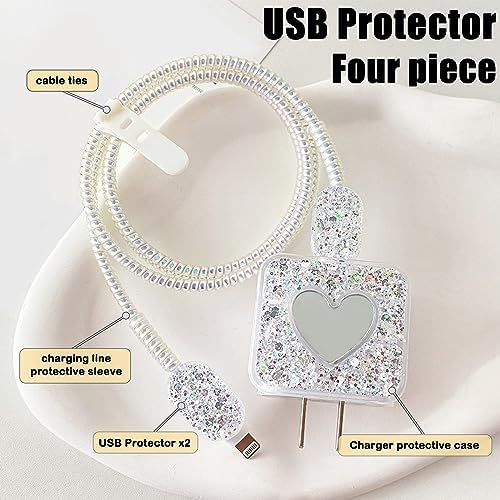 Glitter DIY Cable Protector Compatible for Apple iPhone Power Adapter with Mirror,Cute Bling Love Heart Design,Data Line USB Case Wire Cable Saver Phone Charger Protector for iPhone (Silver)
