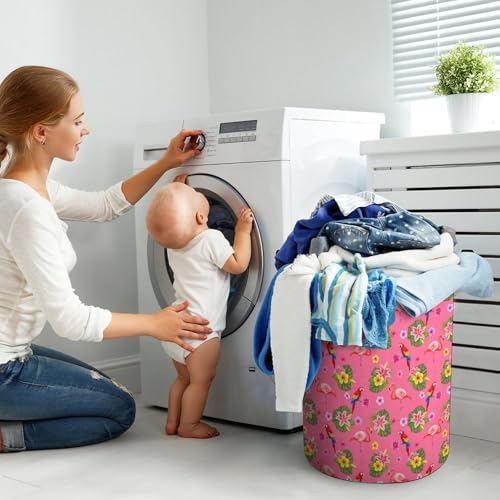Waterproof Collapsible Hamper Flamingos Flower Parrot Palm Pink Summer Holiday, Large Capacity Laundry Basket with Handles for Clothing, Toy, and Home Organization