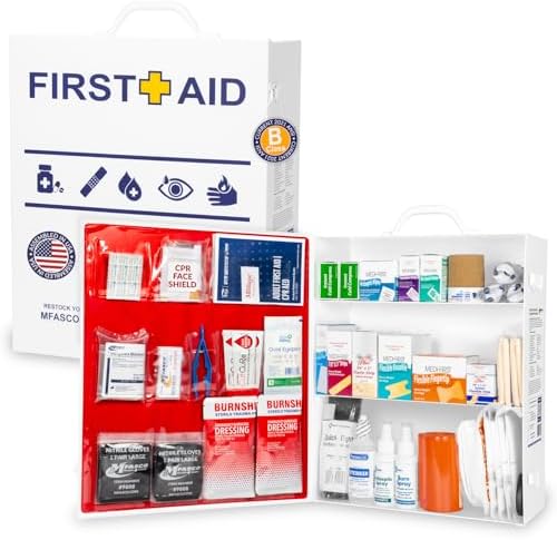 MFASCO OSHA/ANSI 2021 Class B Compliant First Aid Cabinet, Large, 3-Shelf | Metal OSHA/ANSI 2021 Class B compliant cabinet with essential first aid supplies for office and business use | Easy to Refill