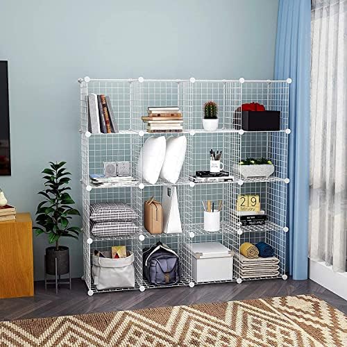 HUBSON Wire Cube Storage Organizer, Book/Toy/Craft/Potted Plants and petCloset Organizers and Storage Shelves, 9-Cube Freely Combinable Metal Grids Storage Shelf, White Iron