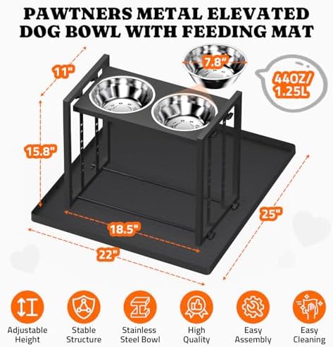 Pawtners Elevated Dog Bowl for Medium Breed, Adjustable Feeder with Mat