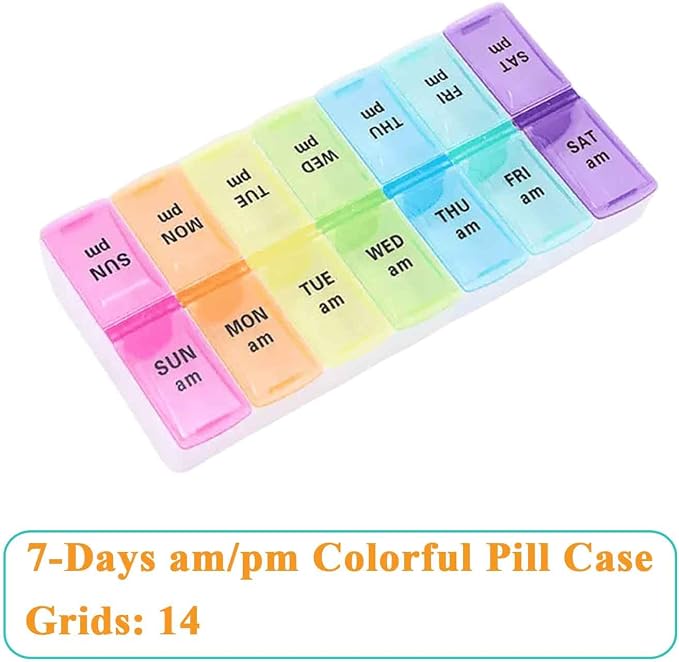 Travel Daily Large Pill Organizer, Weekly Portable Pill Dispenser | Daily Pill Case Box Holder, Elder Medication Planner for Vitamin, Medicine, Fish Oil, Supplements, 14 Compartment, Colorful