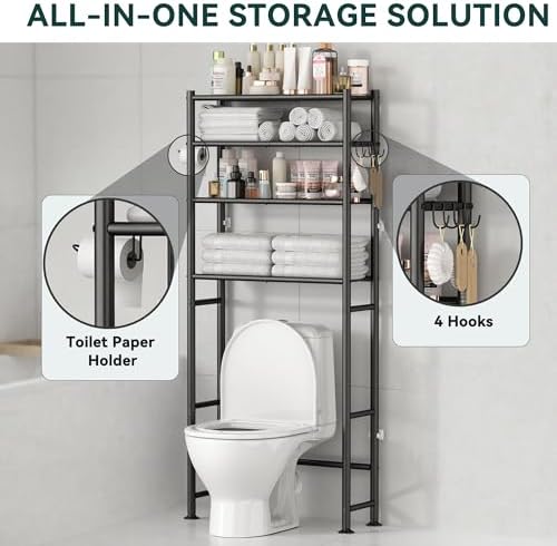GloTika 4-Tier Over The Toilet Storage Shelves, Black | 200lb Total Capacity, Metal Bathroom Organizer with 36" Clearance, Includes Paper Holder & 4 Hooks, Suit for Small Space