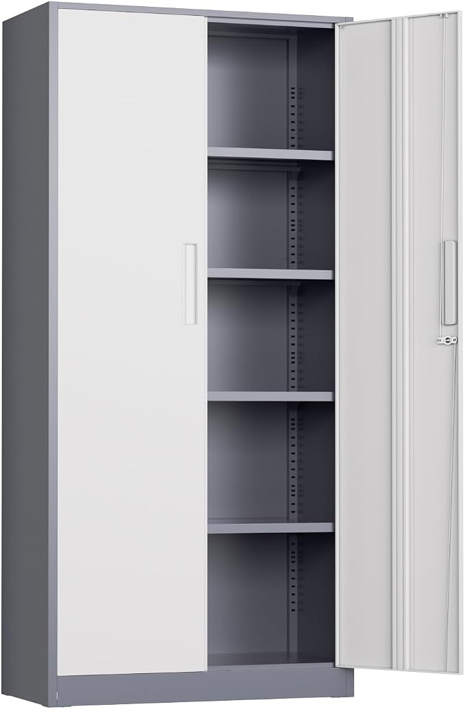 Crownland 72" Metal Storage Cabinet, Lockable Garage Cabinets, High Office Storage Cabinet with Adjustable Shelves for Garage, Home Office, Classroom, Pantry, File(Grey White-Narrow Size)