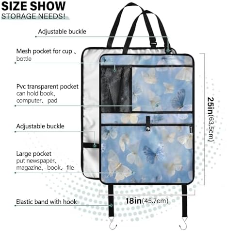 2 Pack Back Seat Car Organizer with Storage Pockets Kick Mats Back Seat Protector Hanging Car Organizer Automotive Seat Back Cover Organizers Sky Blue and White Butterflies