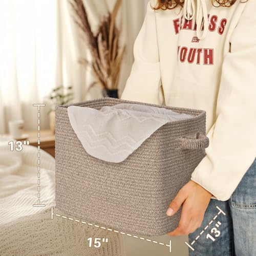 15×13 Inch Storage Cubes, 3 Pack Cube Storage Bins for Organizing, Cotton Rope Woven Baskets for Shelves, Bathroom, Kids Room, Closets, Baby Nursery