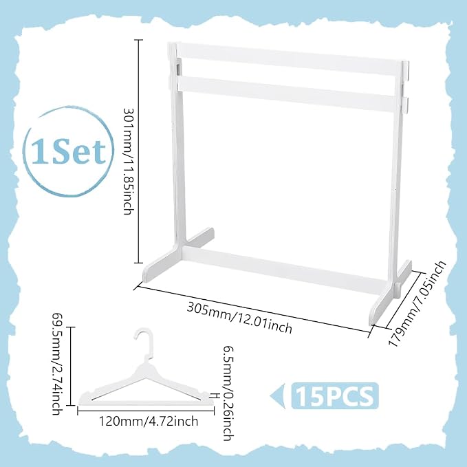 UNICRAFTALE 1 Set 11.85 Inch High Mini Doll Garment Rack with 15Pcs Wooden Clothes Hanger Small Clothing Rack White Mini Clothes Closet Dress Up Storage Furniture for Dollhouse Baby Shower Supplies