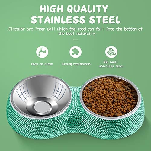 Dog Bowls Water and Food Bowls Stainless Steel with Non-Slip Resin Station and Bling Rhinestones, Pet Feeder Bowls for Puppy Medium Dogs Cats Puppy Pets (Green, Double)