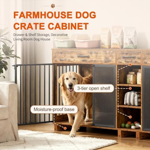 Double Dog Crate Furniture TV Stand, Wooden Dog Cage for Medium Large Dogs, Heavy Duty Single/Double Dog Crates for Small/Medium/Large Dogs,Large Size 78.74" L(35-60 Pounds), Brown