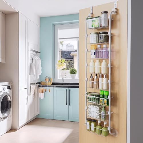 Delamu Narrow Over The Door Pantry Organizer, 8-Tier Metal Pantry Door Organization and Storage for Easy Install, Hanging Spice Rack Shelves, Door Organizer for Kitchen, 4.65"D x 13"W x 65"H, White