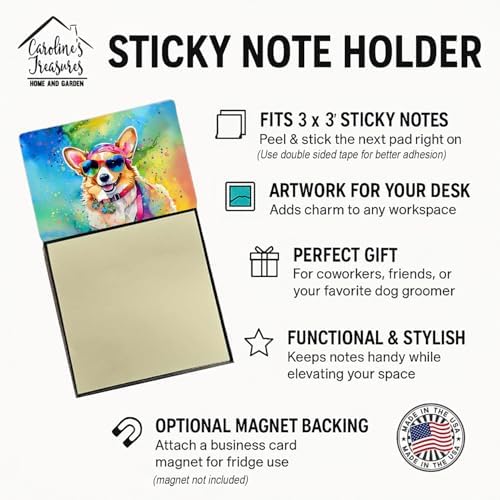 Caroline's Treasures Corgi Hippie Dawg Sticky Note Holder Refillable Dispenser Self-Sticky Note Pads, Memo Pads Blank Desk Accessories