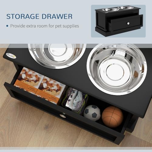 Elevated Dog Feeder Stand with Storage Drawer, Raised Pet Food Bowl Station for Large Dogs, Black MDF Frame with Stainless Steel Bowls