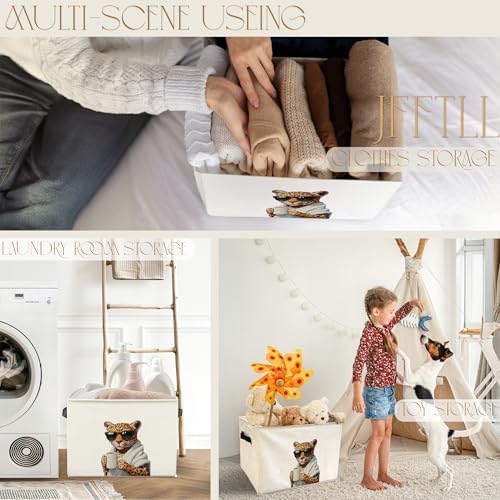 Funny Leopard Bathroom Storage Bins Box, Leopard Bathroom Decor, Trendy Cheetah Storage Basket Laundry Hamper with Handle for Bath Room Clothes Vanity Undersink Home Organization