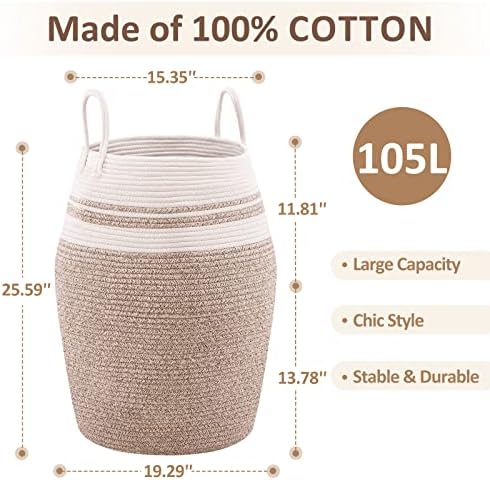 Cotton Rope Laundry Hamper by YOUDENOVA, 105L - Woven Collapsible Laundry Basket - Clothes Storage Basket for Blankets organizing, Bedroom Storage, Clothes Hamper – Brown | 105L Tall Clothes Hamper, Extra Large Rope Wicker Laundry Basket, Storage Baske...