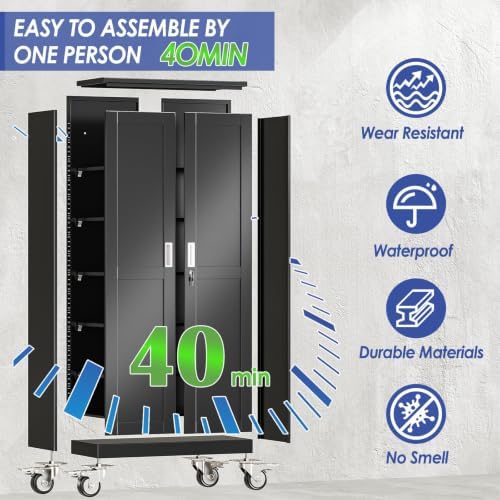 73.6" Metal Garage Storage Cabinet with Wheels and Locking Doors
