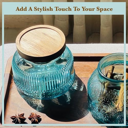 Decorative Blue Ribbed Glass Jar with Airtight Wooden Lid, 25.4 fl. oz | Wide mouth vintage storage canister, kitchen pantry bathroom organization, coffee sugar tea cookie candy candle vase gift