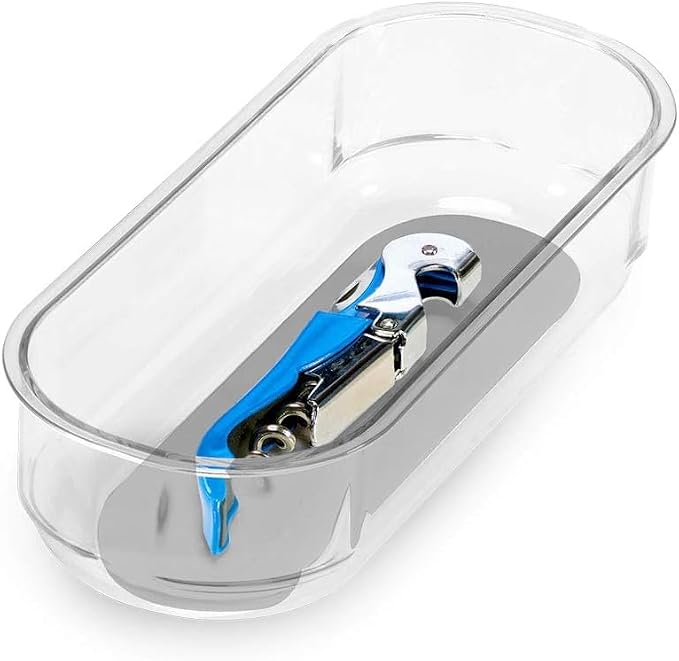 madesmart Clear 8 x 3 Storage Bin, Grey | non slip feet, rounded corners, see through design, open compartment, soft grip lining, utensils tools supplies, woman owned