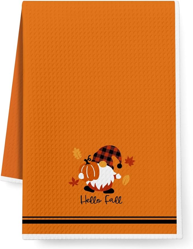 Thanksgiving Pumpkin Gnome Kitchen Fall Towel Gifts for Women,Hello Fall Tea Towel Baking Cooking Drying Cloth for Kitchen,Flour Sack Dish Towels,Farmehouse Decoration for Thanksgiving,Holiday