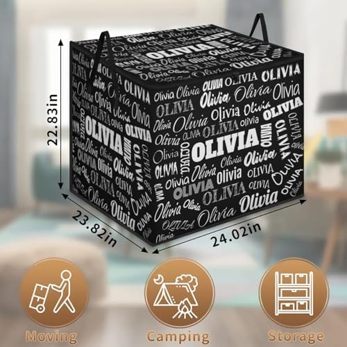 Custom Name Storage Bin with Lid, Personalized Extra Large Black Storage Basket with Handles Zippers for Organizing Comforters, Blankets, Bedding Closet Shelf Baskets