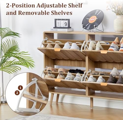 ORRD Shoe Storage Cabinet for Entryway with 4 Flip Drawers, Freestanding Narrow Wood Shoe Cabinet with Wave Panel, Hidden Shoe Organizer for Foyer, Hallway (Natural)