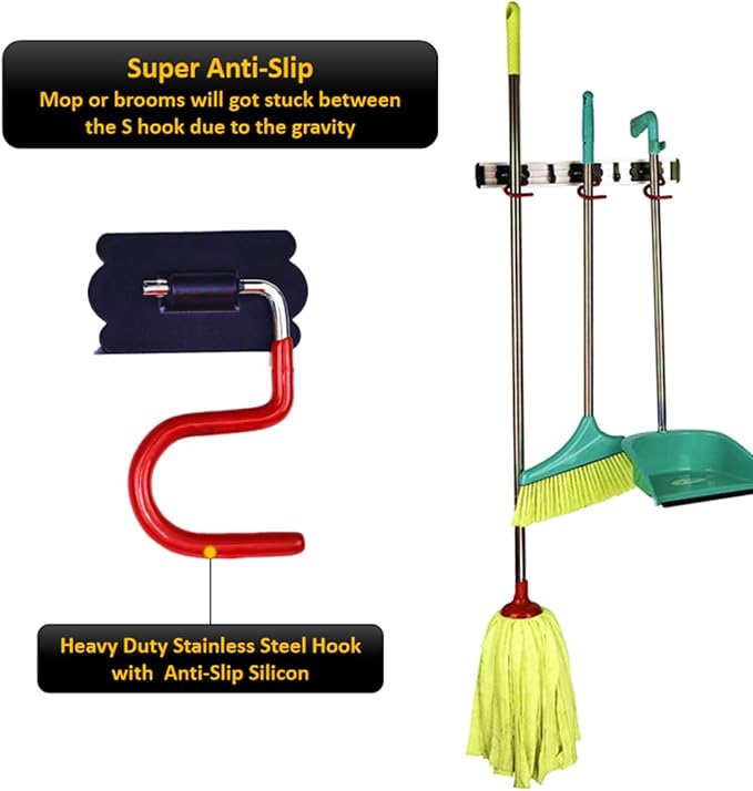 Wall Mounted Mop and Broom Holder Stainless Steel S Type Broom Rack Anti-Slip Mop Organizer (16.5 Inches,3 Positions 2 Hooks, Red black)