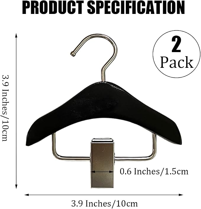 MIUPOO Mini Hanger,Pet Apparel Hangers,Cat Clothes Small Wooden Hangers with Anti Slip Clip, Pet Clothes Hanger,Dog Clothing Display Hanger,Hat Tie Wig Storage Rack,Black,2 Pack.
