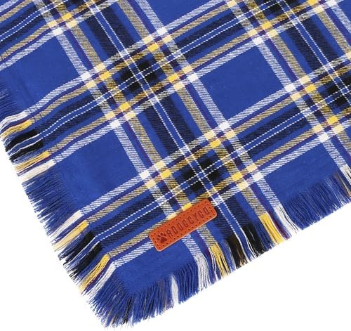 ADOGGYGO Dog Bandana Boy, Blue Plaid Cotton Scarf with Fringe, Small