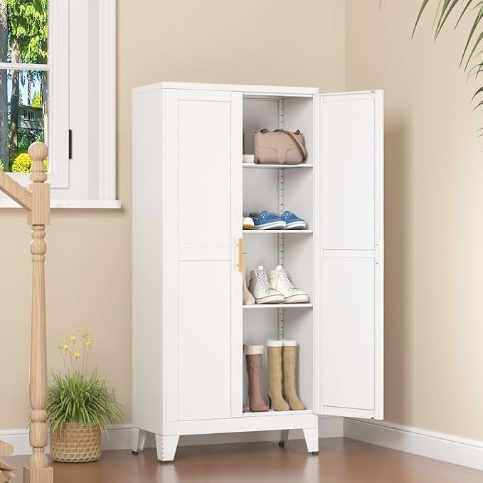 White Kitchen Pantry Cabinets, 48" Metal Storage Cabinet for Office | Steel Kitchen Pantry Storage with Doors and 3 Adjustable Shelves, for Office, Home, Garage, School