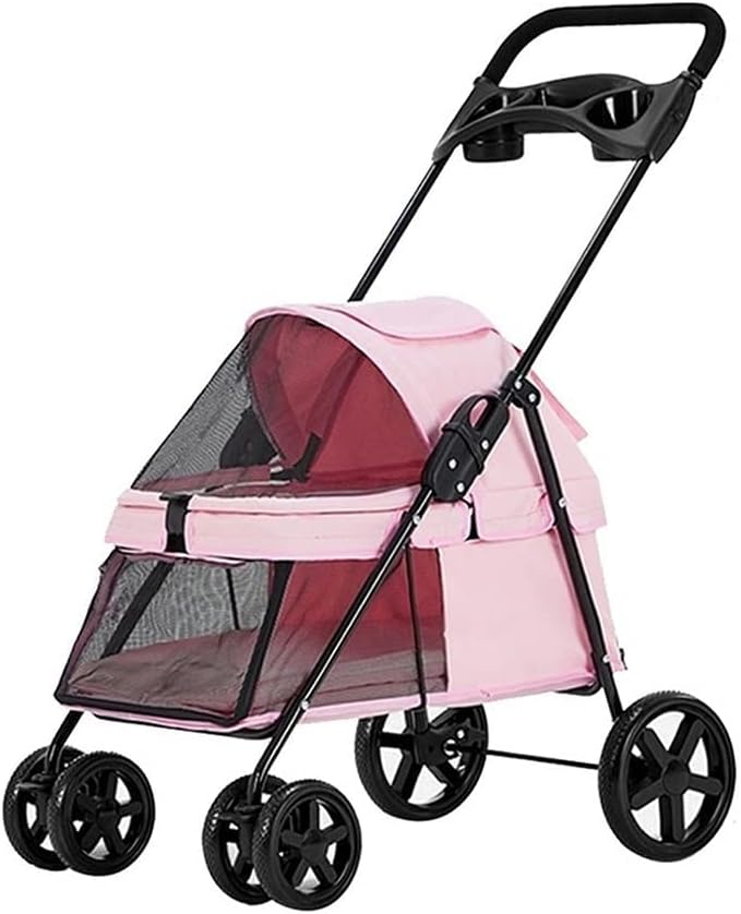 Pet Stroller -Foldable Dog Stroller Small Medium Dogs Cats Pushchairs Portable Travel Carriage Dog Strollers with Storage Basket Cup HolderBreathable Mesh (Color : Pink)