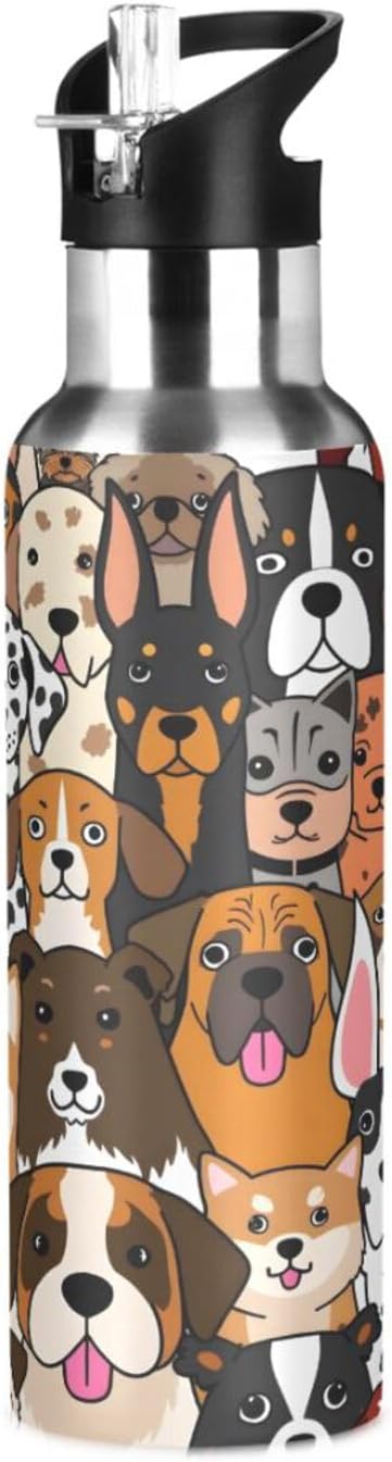Cute Dog Animal Water Bottle with Straw Lid Kids Insulated Stainless Steel Water Flask Sports, 20 Oz Hot Cold