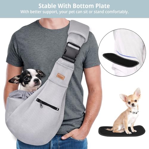 CUBY Dog and Cat Sling Carrier - Hands Free Breathable Mesh Small Dog Sling Carrier-Soft Pouch and Tote Design-Suitable for Puppy, Small Dog Cat Pets Carriers Sling Outdoor(Grey-Mesh,Adjust Strap 2.0)