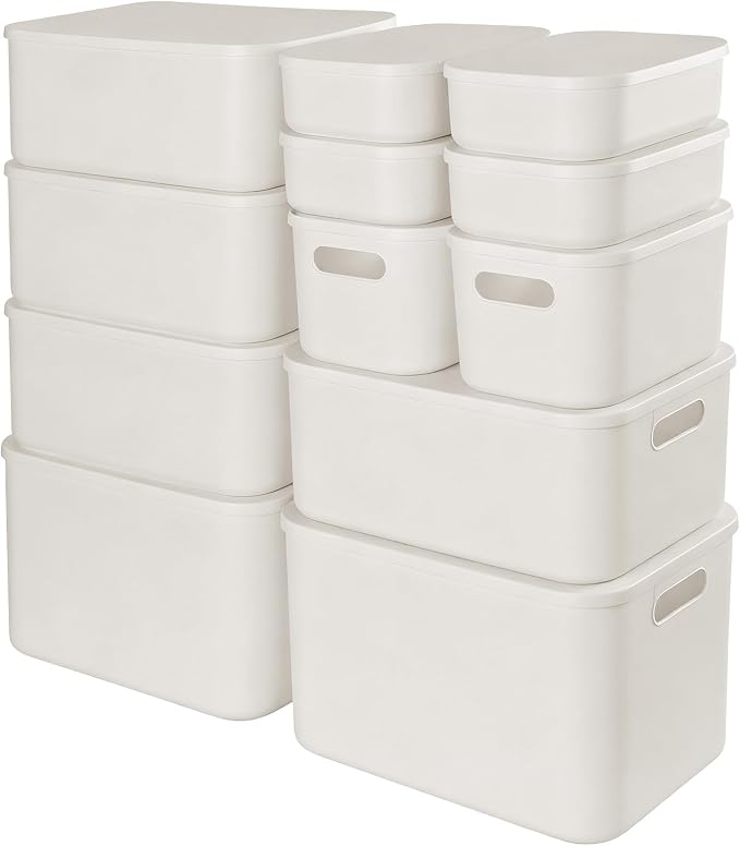 ANMINY White Plastic Storage Bins Baskets with Lids, 12-Pack, 2XL+4L+2M+4S | Large Plastic Bins, Sturdy PET, with Handles, Stackable, Opaque Storage Boxes, for Closet Shelves Desk, White Lids