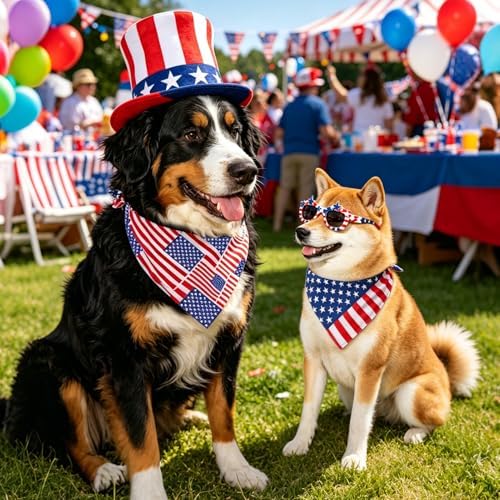 4th of July Dog Bandanas Dual-Layer 2 Pack, Patriotic American Flag Pet Reversible Triangle Scarf, Memorial Independence Day USA Bandana for Large and Extra Large Dogs(Large)