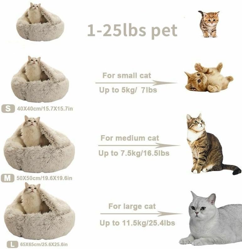 Round Fluffy Hooded Cat Bed Cave, Anti-Anxiety Cave Bed with Blanket | Hooded Cat Bed Cave, Cozy Cuddler Luxury Puppy Pet Bed, Anti-Slip Bottom and Machine Washable