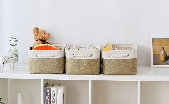 Storage Basket for Organizing - 14x10x7 inch Medium 3 Pack Collapsible Storage Bin for Shelves with Handles, Canves Storage Box for Organizer Cubes Cloth Gift Toy Closet (White & Khaki)