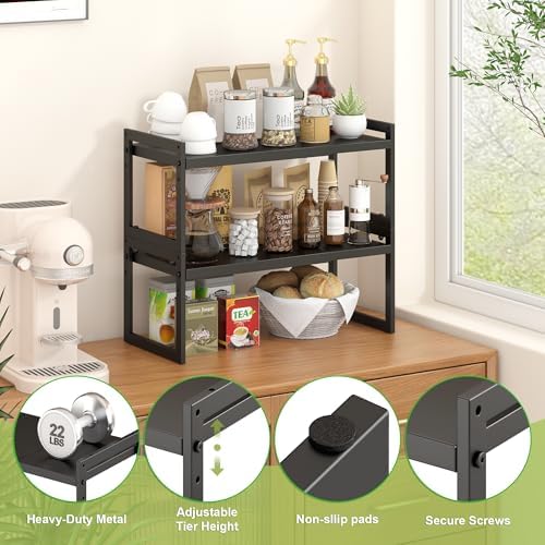 DOLALIKE Expandable kitchen Countertop Organizer, Stackable Cabinet Shelf Organizers, Space Saving Spice Rack Pantry Storage for Bathroom Office (Black, 1 Pack) | Space Saving Metal Pantry Storage Racks for Kitchen Spice Rack Pans and Untensils Bathroo...