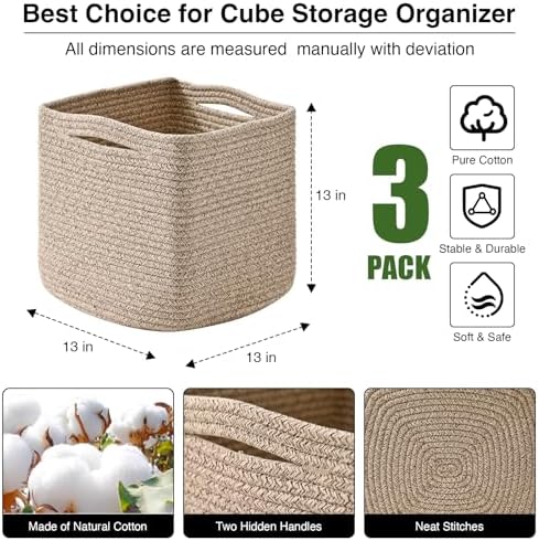 ICERZCZ 13 Inch Cube Closet Storage Bins 13x13x13 in, Mixed Brown Pack of 3 | Woven Cotton Rope Organizer Baskets for Organizing & Shelves, Books, Towels, Clothes, Toys, Living room, Bathroom, Nursery