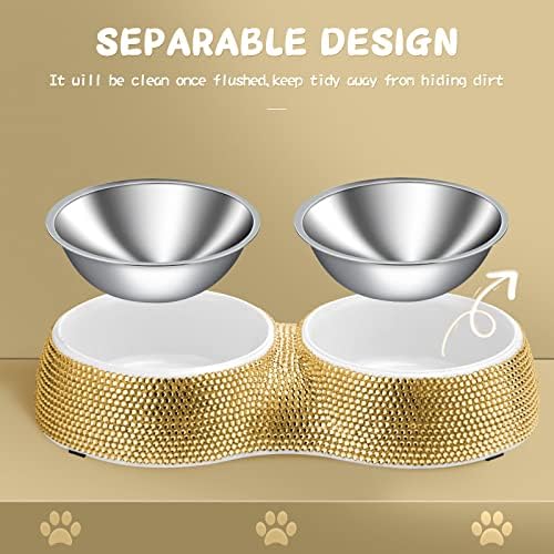 eing Dog Bowls Double Dog Water and Food Bowls Stainless Steel Bowls with Non-Slip Resin Station and Bling Rhinestones, Pet Feeder Bowls for Puppy Medium Dogs Cats Puppy Pets,Gold