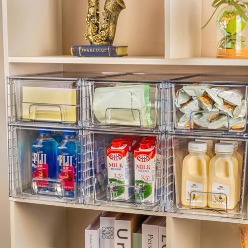 4 Pack Large Stackable Storage Drawers,Clear Acrylic Drawer Organizers with Handles, Easily Assemble for Kitchen Undersink,Bathroom,Cabinet,Makeup,Closet,Pantry,Organization and Storage