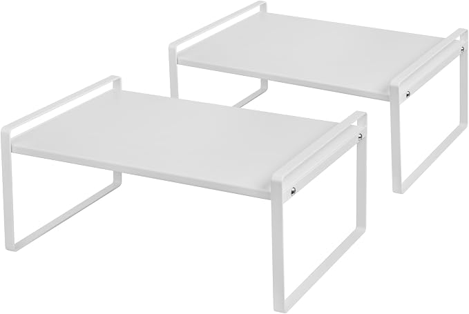 Nxconsu Stackable Cabinet Shelf Organizer 2 Pack, Wide White | Heavy-Duty 3mm Steel Stackable 2-Tier Shelf, Holds 50 lb, for Kitchen Cabinet Pantry Cupboard Counter Bathroom Under Sink
