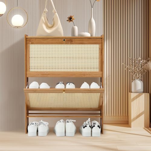 Magshion Narrow Shoe Cabinet for Entryway Slim Thin Bamboo Freestanding Shoe Storage with Flip Drawers for Hallway, Living Room (Brown, 34" x 27" x 7")